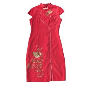 Cheongsam Qipao Embroidered Dress Mandarin Collar Frog Buttons M